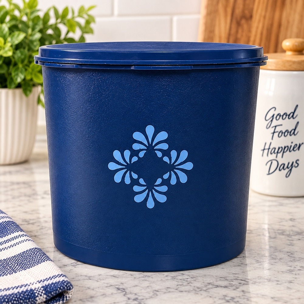 Vintage Tupperware Servalier Canister Navy Blue Sunburst 
Lid